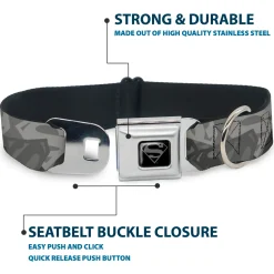 Superman Black/Silver Seatbelt Buckle Collar - Superman Shield Camouflage Grays