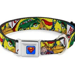 Superman Blue Seatbelt Buckle Collar - Classic ACTION COMICS Issue #1 Cover Superman Lifting Car Stacked
