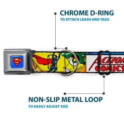 Superman Blue Seatbelt Buckle Collar - Classic ACTION COMICS Issue #1 Cover Superman Lifting Car Stacked