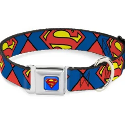 Superman Blue Seatbelt Buckle Collar - Superman Shield CLOSE-UP Blue/Red/Yellow