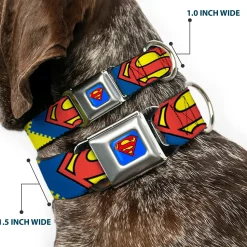 Superman Blue Seatbelt Buckle Collar - Jagged Superman Shield CLOSE-UP Yellow/Blue/Red