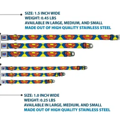 Superman Blue Seatbelt Buckle Collar - Jagged Superman Shield CLOSE-UP Yellow/Blue/Red