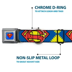 Superman Blue Seatbelt Buckle Collar - Jagged Superman Shield CLOSE-UP Yellow/Blue/Red