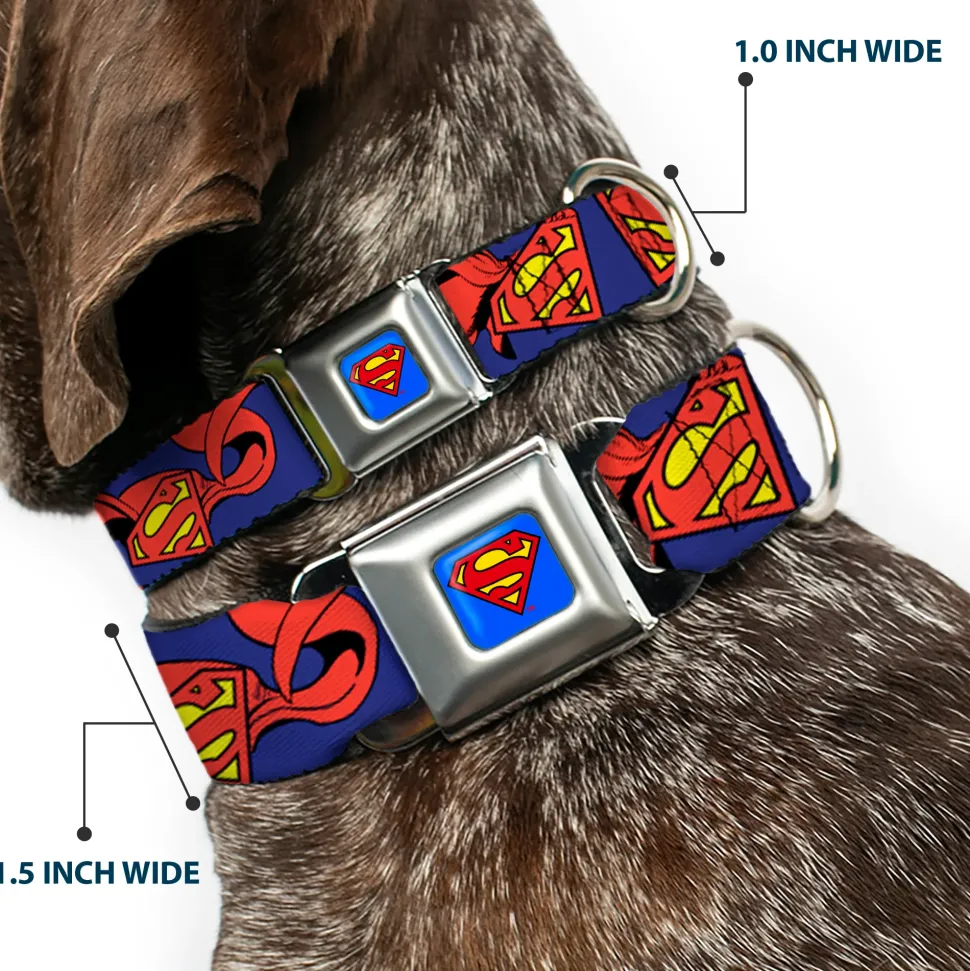 Superman Full Color Blue Seatbelt Buckle Collar - Superman Shield w/Cape