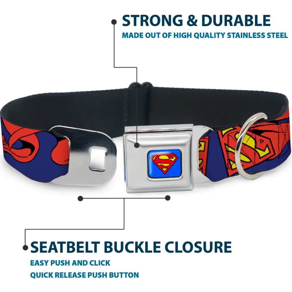 Superman Full Color Blue Seatbelt Buckle Collar - Superman Shield w/Cape