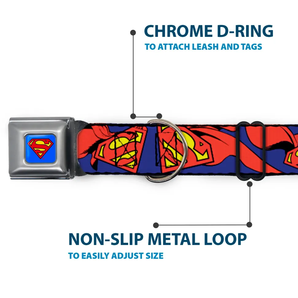 Superman Full Color Blue Seatbelt Buckle Collar - Superman Shield w/Cape