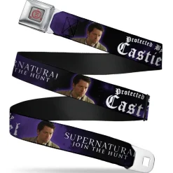 Supernatural Angel Banishing Symbol Full Color White Red Seatbelt Belt - SUPERNATURAL-PROTECTED BY CASTIEL/Pose Black/Purple/White Webbing