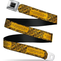 SUPERNATURAL-JOIN THE HUNT Full Color Black/White Seatbelt Belt - SUPERNATURAL JOIN THE HUNT Title Logo and CASTIEL Wings Yellow/Black Webbing