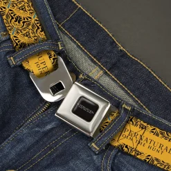 SUPERNATURAL-JOIN THE HUNT Full Color Black/White Seatbelt Belt - SUPERNATURAL JOIN THE HUNT Title Logo and CASTIEL Wings Yellow/Black Webbing
