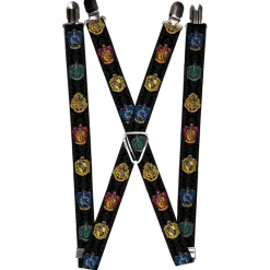 Suspenders - 1.0" - Hogwarts & 4-House Crests Filigree Black Gray