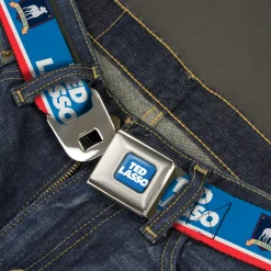 TED LASSO Title Logo Full Color Blue/White Seatbelt Belt - TED LASSO and AFC Richmond Logo Blues/White/Red Webbing