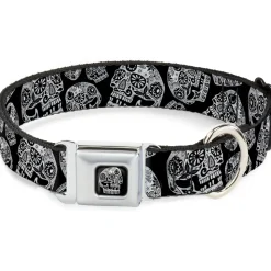 The Dust of Living II Skull Full Color Black/White Seatbelt Buckle Collar - The Dust of Living II Sugar Skulls Black/White