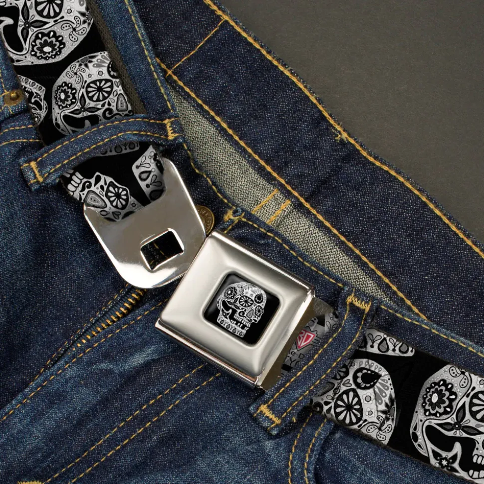 The Dust of Living II Skull Full Color Black/White Seatbelt Belt - The Dust of Living II Sugar Skulls Black/White Webbing