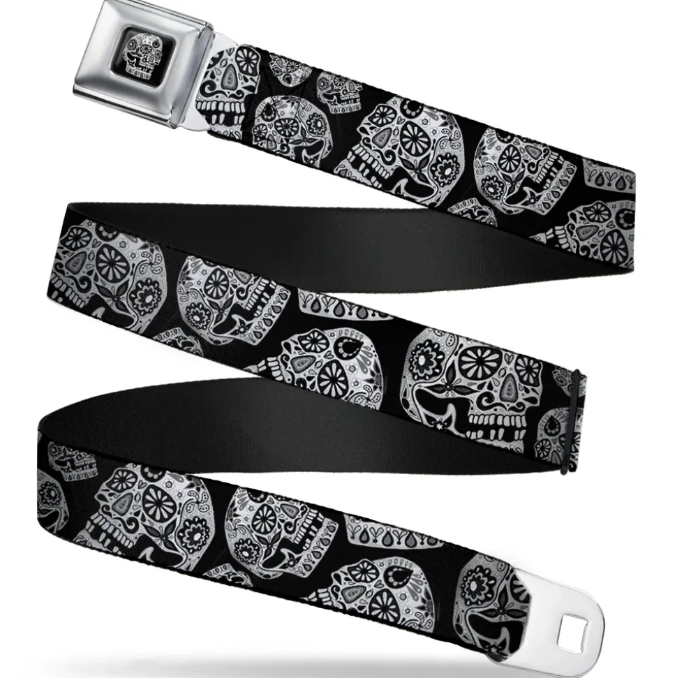 The Dust of Living II Skull Full Color Black/White Seatbelt Belt - The Dust of Living II Sugar Skulls Black/White Webbing