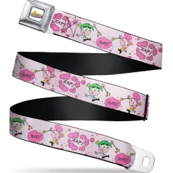 THE FAIRLY ODDPARENTS Logo Full Color White Seatbelt Belt - The Fairly OddParents Cosmo and Wanda Wish Poses Pink Webbing