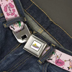 THE FAIRLY ODDPARENTS Logo Full Color White Seatbelt Belt - The Fairly OddParents Cosmo and Wanda Wish Poses Pink Webbing