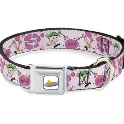 THE FAIRLY ODDPARENTS Logo Full Color White Seatbelt Buckle Collar - The Fairly OddParents Cosmo and Wanda Wish Poses Pink