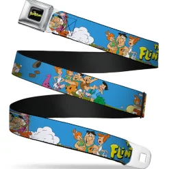 THE FLINTSTONES Logo Full Color Black Yellow Seatbelt Belt - The Flintstones and Rubbles Group Pose/Logo Blue Webbing