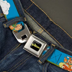 THE FLINTSTONES Logo Full Color Black Yellow Seatbelt Belt - The Flintstones and Rubbles Group Pose/Logo Blue Webbing