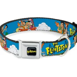 THE FLINTSTONES Logo Full Color Black Yellow Seatbelt Buckle Collar - The Flintstones and Rubbles Group Pose/Logo Blue