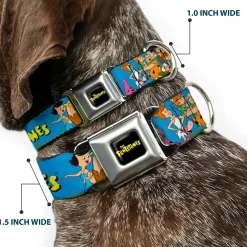 THE FLINTSTONES Logo Full Color Black Yellow Seatbelt Buckle Collar - The Flintstones and Rubbles Group Pose/Logo Blue