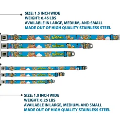 THE FLINTSTONES Logo Full Color Black Yellow Seatbelt Buckle Collar - The Flintstones and Rubbles Group Pose/Logo Blue
