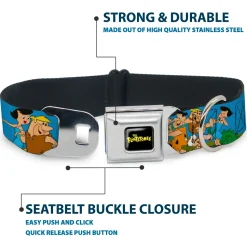 THE FLINTSTONES Logo Full Color Black Yellow Seatbelt Buckle Collar - The Flintstones and Rubbles Group Pose/Logo Blue