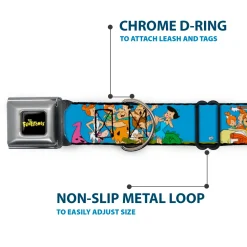 THE FLINTSTONES Logo Full Color Black Yellow Seatbelt Buckle Collar - The Flintstones and Rubbles Group Pose/Logo Blue