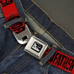 THE GODFATHER Title Logo Full Color Black/White Seatbelt Belt - THE GODFATHER Weathered Text Logo Red/Black Webbing