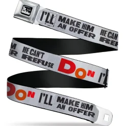 THE GODFATHER Title Logo Full Color Black/White Seatbelt Belt - The Godfather Quote I'LL MAKE HIM AN OFFER HE CAN'T REFUSE Grays/Red Webbing