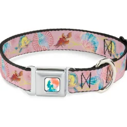 The Little Mermaid Ariel Silhouette Pose Full Color White/Multi Color Seatbelt Buckle Collar - The Little Mermaid Flounder and Sebastian Under the Sea Pinks