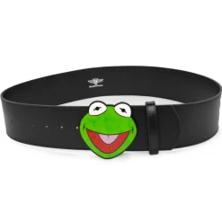 The Muppets Kermit the Frog Glitter Enamel Cast Buckle - 2.75 Inch Wide Black PU Strap Belt