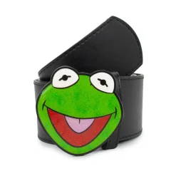 The Muppets Kermit the Frog Glitter Enamel Cast Buckle - 2.75 Inch Wide Black PU Strap Belt