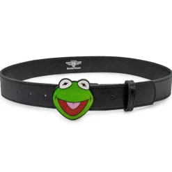 The Muppets Kermit the Frog Glitter Enamel Cast Buckle - 1.5 Inch Wide Black PU Strap Belt