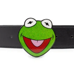 The Muppets Kermit the Frog Glitter Enamel Cast Buckle - 1.5 Inch Wide Black PU Strap Belt