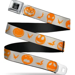 THE NIGHTMARE BEFORE CHRISTMAS Title Logo Full Color Black/White Seatbelt Belt - The Nightmare Before Christmas Jack and Icon Silhouettes White/Orange Webbing