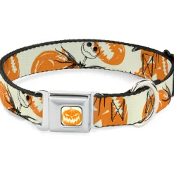 The Nightmare Before Christmas Pumpkin Ivory/Orange Seatbelt Buckle Collar - The Nightmare Before Christmas Jack Pose and Pumpkins Collage Ivory/Orange/Black