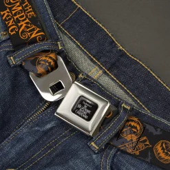 THE NIGHTMARE BEFORE CHRISTMAS Title Logo Full Color Black/White Seatbelt Belt - The Nightmare Before Christmas THE PUMPKIN KING Poses Black/Orange Webbing