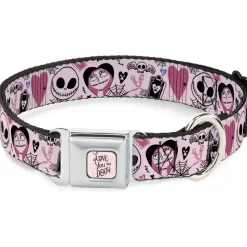 The Nightmare Before Christmas LOVE YOU TO DEATH Full Color Pink/Black Seatbelt Buckle Collar - The Nightmare Before Christmas Jack and Sally Doodles Pinks/Black