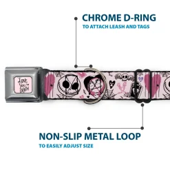 The Nightmare Before Christmas LOVE YOU TO DEATH Full Color Pink/Black Seatbelt Buckle Collar - The Nightmare Before Christmas Jack and Sally Doodles Pinks/Black