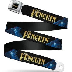 THE PENGUIN Title Logo Full Color Black/Gold Seatbelt Belt - DC Batman Villain THE PENGUIN Poses and Title Logo Black/Gold/Blues Webbing
