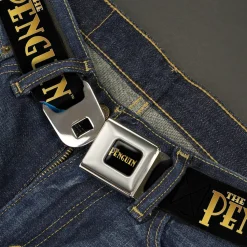 THE PENGUIN Title Logo Full Color Black/Gold Seatbelt Belt - DC Batman Villain THE PENGUIN Poses and Title Logo Black/Gold/Blues Webbing
