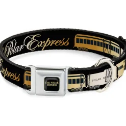 THE POLAR EXPRESS Text Logo Full Color Black/Golds Seatbelt Buckle Collar - POLAR EXPRESS Train Cars Black/Golds