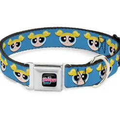 THE POWERPUFF GIRLS Animated Series Title Logo Full Color Black Seatbelt Buckle Collar - The Powerpuff Girls Bubbles Face Close-Up Blue