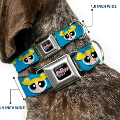 THE POWERPUFF GIRLS Animated Series Title Logo Full Color Black Seatbelt Buckle Collar - The Powerpuff Girls Bubbles Face Close-Up Blue