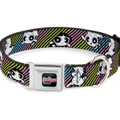 THE POWERPUFF GIRLS Animated Series Title Logo Full Color Black Seatbelt Buckle Collar - The Powerpuff Girls and Donny Stripe Black/Multi Pastel