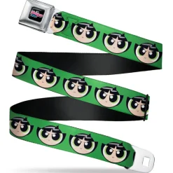 THE POWERPUFF GIRLS Animated Series Title Logo Full Color Black Seatbelt Belt - The Powerpuff Girls Buttercup Face Close-Up Green Webbing