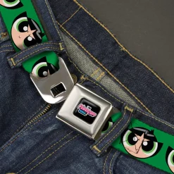THE POWERPUFF GIRLS Animated Series Title Logo Full Color Black Seatbelt Belt - The Powerpuff Girls Buttercup Face Close-Up Green Webbing