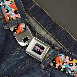 THE POWERPUFF GIRLS Animated Series Title Logo Full Color Black Seatbelt Belt - The Powerpuff Girls Expressions Stacked Webbing
