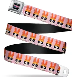 THE POWERPUFF GIRLS Animated Series Title Logo Full Color Black Seatbelt Belt - The Powerpuff Girls Blossom Face Close-Up Pink Webbing